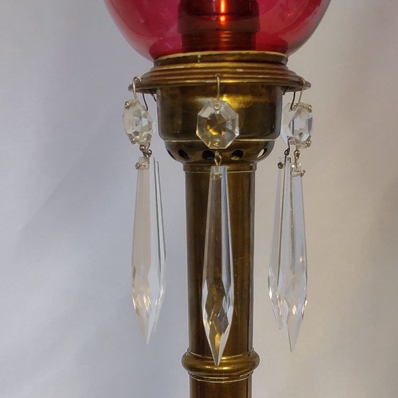 Antique Russian Brass Spring Loaded Candle Holders w/Etched Cranberry Globes - Picture 7 of 13